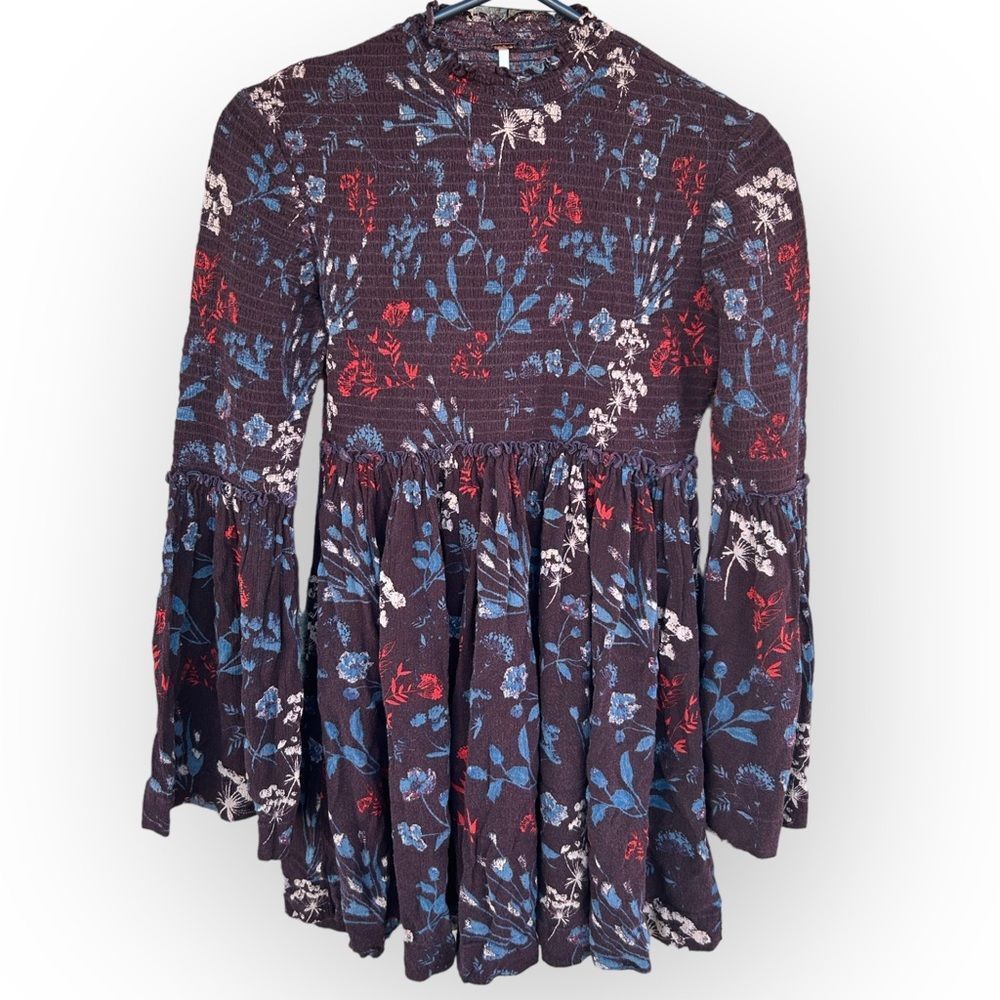 Free People Womens Long Bell Sleeves High Neck Burgundy Floral Tunic Top Sz S
